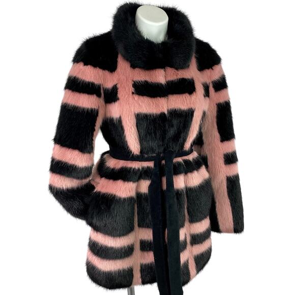 Shrimps Pink Black Plaid Faux Fur Coat Women’s M Short Modacrylic - Picture 4 of 13